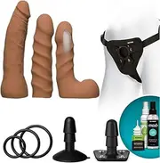 Doc Johnson Vac-U-Lock - Dual Density ULTRASKYN™ Starter Set - 3 Smaller Dildos, Supreme Harness, VUL Suction Cup, Toy Cleaner, Mood Water-Based Lube - Pegging, Caramel