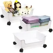 3 Pack Under Bed Storage, Underbed Toys Storage Containers with Wheels, Plastic Bedroom Storage Organization, Under Bed Storage Bins Drawer For Clothes Blankets Shoes Books, White