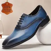 Men's Gradient Blue Oxford Shoes with Brogue Detailing - Premium Cowhide Leather Dress Shoes for Business Formal Occasions
