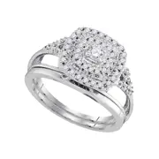 14k White Gold Round Diamond Square Halo Bridal Wedding Ring Set 1/3 Cttw