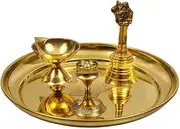 Ganesha Arts Traditional Handcrafted Brass Puja | Pooja Thali Set | Arati | Bartan Thambulam Plate Set for Several Occasions- Plain Plate 7 inch Puja Set(Diya Bell dhoop)