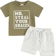 [HZPHQY] Newborn Baby Boys Short Sleeve T-Shirt Tops Elastic Waist Shorts Toddler Infant Boy Summer Clothes Outfit, A Army Green Mr. Steal Your Snacks, 6-12 Months