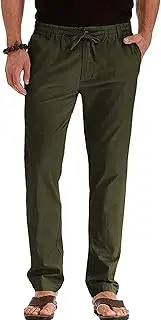 [Maiyifu-GJ] Men's Casual Linen Beach Pants Elastic Waist Drawstring Yoga Trousers Lightweight Straight Fit Pull On Pant