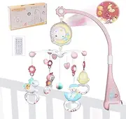 Baby Mobile for Crib, Aolkee 360°Rotating Baby Musical Cot Mobile with Lights, Hanging Rotating Rattles, Remote Control Music Box, Timing Function, Musical Mobile for Newborn Baby Toddler, Pink