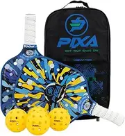 PIXA Radiant Strike: Pickleball Paddle Set of 2, with 2 Pickleball Rackets, 4 Outdoor Pickleballs, and Bag; Fiberglass Face; Beginner/Intermediate