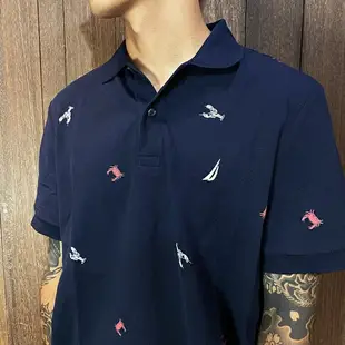 美國百分百【全新真品】NAUTICA POLO衫 網眼 短袖 帆船牌 上衣 LOGO 滿版 深藍/白色 CH73