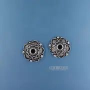 2 Large Antiqued Solid Sterling Silver Heart Floral Spacer Bead Caps #33819
