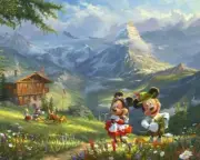 Disney Dreams Thomas Kinkade Fabric Quilt Panel Mickey & Minnie in the Alps