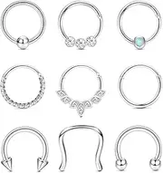[Kakonia] 9PCS Septum Jewelry 16G Septum Rings Daith Earrings Hoop Nose Rings Horseshoe Stainless Steel Septum Rings For Women Helix Tragus Lip Cartilage Earrings Silver Gold Black Rosegold CZ 8MM 10MM