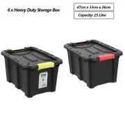 6 x 25L Heavy Duty Storage Box Black Crate Container Plastic Bins Organiser Tub