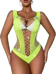[Generic] Sexy Fishnet Mesh Top for Women Rhinestone Mesh Bodysuit Sparkle Sexy