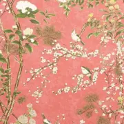Thibaut Botanical Floral Bird Print Fabric- Katsura / Coral 21 yds F913624