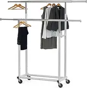 SimpleHouseware Double Rod Portable Clothes Rack, 107 to 120 cm Extensible Rod, Silver