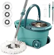 ZUNI 360° Rotating Mop and Bucket Kit with 3 Microfiber Refill Heads, Adjustable Stainless Steel Handle for Efficient Home Cleaning, Green