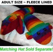 deLux NICE RAINBOW SOCK MONKEY MITTENS Flc LINED knit ADULT costume HAT SEPARATE