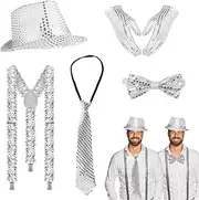 [CHLLLEMING] 5 Pcs Set Sparkly Tie Sequin Bow Tie and Suspenders for Men Women Silver Suspenders Sequin Fedora Party Hats