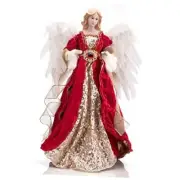 16 inch Christmas Angel Tree Topper Gold Angel Treetop with Luxury Feather Red