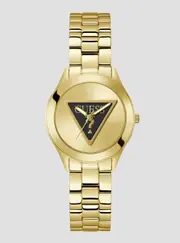 GUESS Women's Gold Tri Plaque Black Link Watch