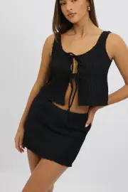 Black Mini Skirt Elasticated Waist Textured Lined - Size 16XL, Women's Mini Skirt