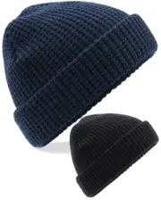 Beechfield Soft Touch Classic Waffle Knit Beanie Ski Hat in BLACK or NAVY BLUE