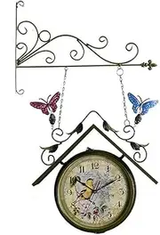Wall Clock,Double Sided Wall Clock, Train Station Clock for Garden Outdoor Home Silent Non-Ticking Wall Mounted Clock,Black