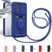 [Aithne] Case for Samsung Galaxy A53 5G Mobile Phone Chain Case, Slide Camera Protection, Silicone Mobile Phone Case for Hanging Chain, 360 Degree Ring Holder, Stand, Card Slot, Blue