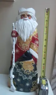 Russian Wooden Hand Carved & Painted Santa St Nick 13.5 Inches Red Blue Gold EUC