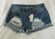 Ladies "Boohoo Blue" Size US - 16, Blue, Plus Felicity Ripped Denim Shorts