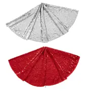 2pcs Round Christmas Tree Skirt Sparkle Sequins Xmas Tree Mats Tree Decorations for Home Decor -Red and SilveRed