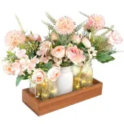 Farmhouse Mason Jar Centerpiece with LED Lights and Artificial Flowers – Rust...