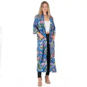 Bold Blue Florals Cotton Kimono Robe – Frida Kahlo-Inspired, Hand-Screen Printed Bird of Paradise, Versatile Lounge Wear