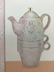 PINKY UP TAYLOR TEA FOR TWO PINK & GOLD TEAPOT AND 2 TEACUPS STACKABLE SET NEW