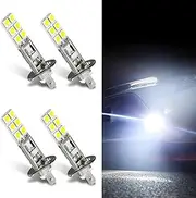 dawfall Pack-4 Car H1 LED Fog Lights, 12V 12SMD-5050 Chip Waterproof Dome Courtesy Bulbs, Plug and Play Fog Light Bulbs, Super Bright Car Lighting Accessories, Universal for Most Cars (White)