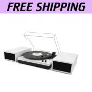 Elegant Turntable Record Player Set with Wireless Dual Speakers in White Leather