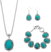 [Cykdohy] Bohemian Oval Turquoise Pendant Necklace Bracelet Earring Vintage Jewelry Set for Women 3 Pieces Retro Boho Western Natural Stone Ot Clap Dangle Earrings Statement Aesthetic Cowgirls Accessories, one