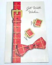 Vintage Get Well Wishes Card Red Gold Plaid Bow Tie Belt Cufflinks Get Well Soon