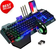 Wireless Gaming Keyboard Mouse RGB Backlit Rechargeable Metal Panel 5000mAh