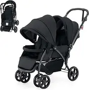 BABY JOY Foldable Tandem Stroller, Double Seat Baby Pram w/Adjustable Backrest, Push Handle and Footrest, Toddler Stroller with Safety Wheels, 5 Points Safety Belts for Twin Infant New Born (Black)