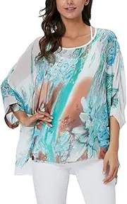 [Ckikiou] Plus Size Floral Chiffon Tunics Blouses for Women Batwing Summer Boho Shirts Beach Cover ups