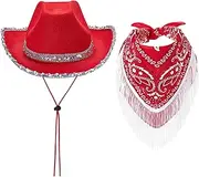 [Hemore] Women's Cowboy Hat, Sequins Cowgirl Hat with Neck Scarf, Red Cowboy Hat, Cowgirl Hats for Women Halloween