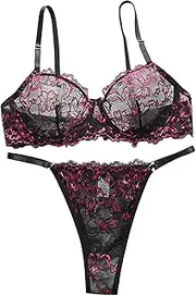 [Bolsamila] Sexy Lingerie for Women Underwire Cute Push Up Strappy Floral Embroidered Sheer Lingerie See Through Panty Bra 1PCS