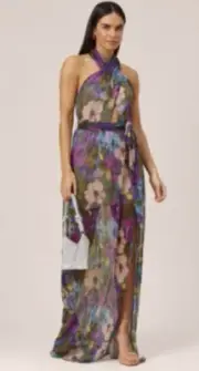 Aidan Mattox Crinkle Mesh Floral Printed Halter dress Size 6 New NWT