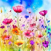Fabric Panel 14"x14" Watercolor Flowers 100% Cotton Quilting Panel Square AM379