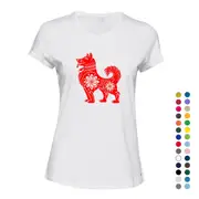 Chinese Red Silhouette Lucky Fortune Wealth Dog Ladies Women T Shirt Tee Top