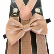 Rose Gold Champagne Glitter Suspender and Matching Bow Tie Set Metallic Peach