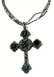 Mariana cross double chain necklace handmade crystal green floral 19" READ NEW