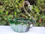 VINTAGE BOHEMIA EMERALD GREEN QUEEN LACE HAND CUT 24% LEAD CRYSTAL SWAN 7" NIB