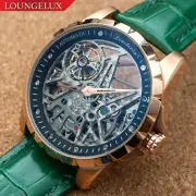Mens Automatic Mechanical Watch Rose Gold Black Dial Green Leather Strap