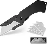 Folding Utility Knife, Quick Change Foldable Box Cutter for Carton, Utility Knife with 5 Blades for Cartons, Cardboard and Boxes (black)