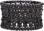 [YACQ] Jewelry Multilayer Crystal Stretch Sleeve Cuff Bracelet for Women Gold Silver Black Color 2 Row